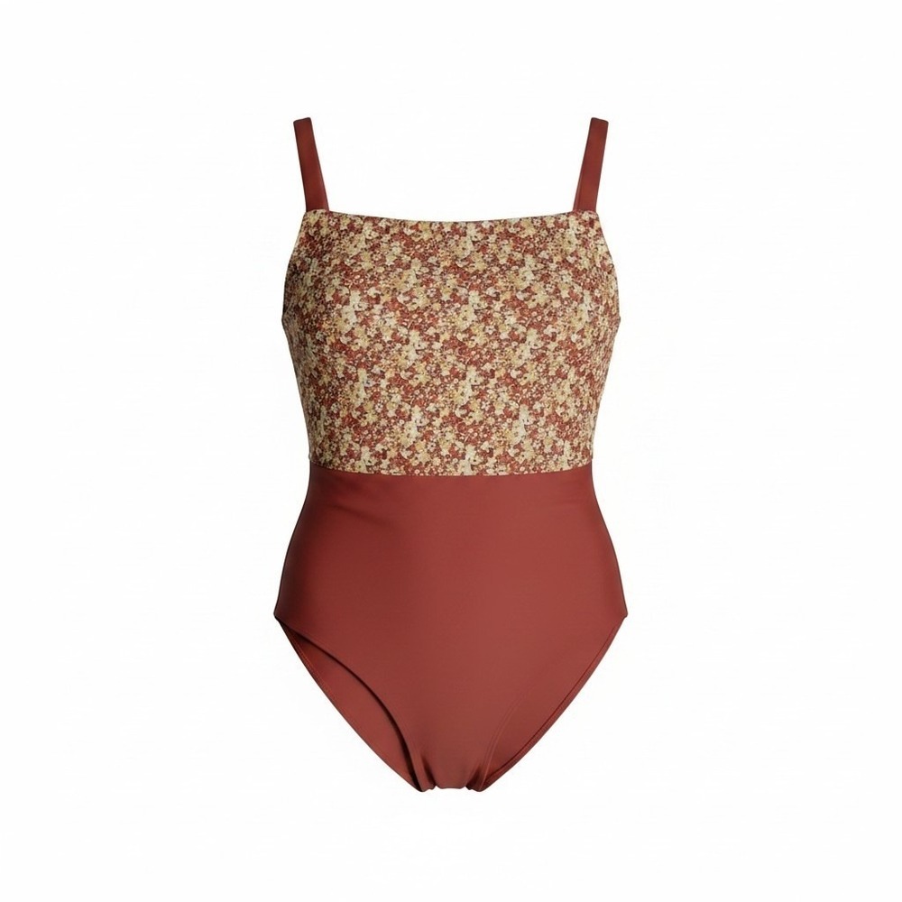 September The Line One Piece Swimsuit Rust Red Floral Italian Fabric UPF 50 XL